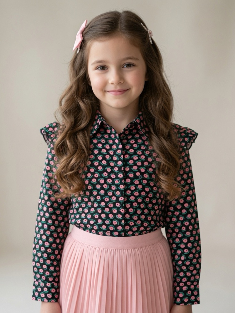 United Colors of Benetton black & pink floral ruffle shoulder blouse girls large